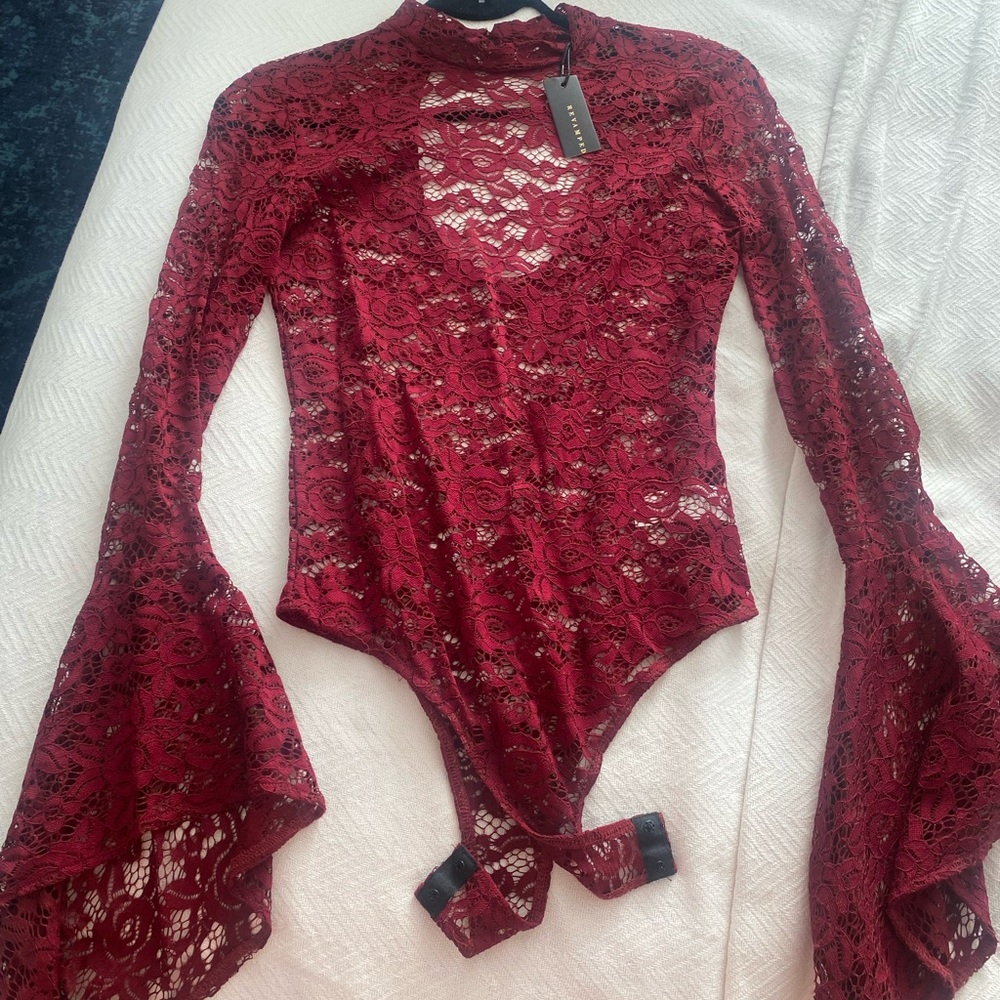 Revamped Red Asymmetrical Bell Sleeve Bodysuit